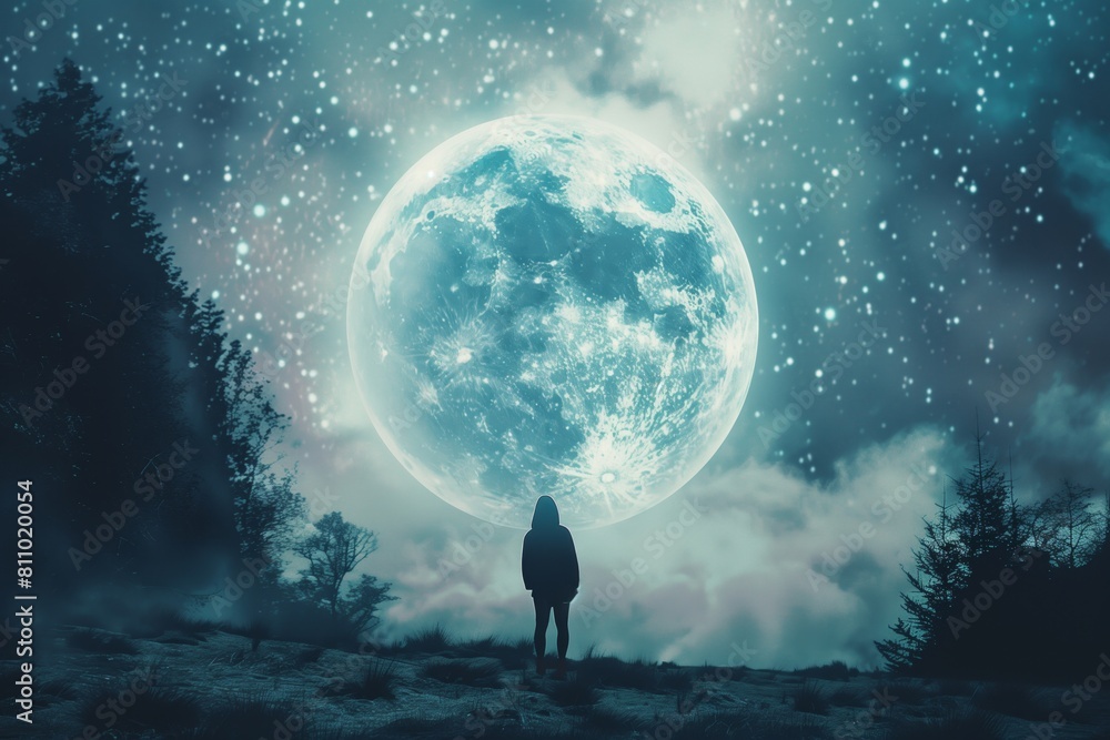A man looks at the moon in the starry sky A man looks at the moon in the starry sky