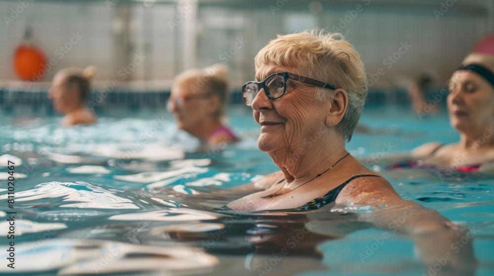 Fototapeta premium Portrait of senior female having group aqua training class in gym