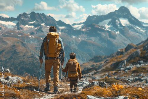 A father and son wearing identical backpacks hike along a mountain trail, snow-capped peaks in the distance. photo