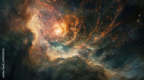 A vivid nebula radiates with intense colors and dynamic swirls, showcasing the beauty of the cosmos. photo