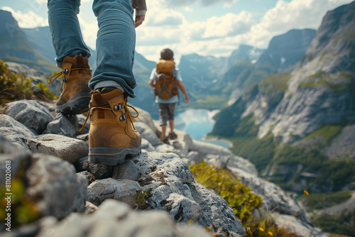 A father and son wearing hiking boots climb a rocky mountain path, overlooking a breathtaking valley below. © AI ARTS