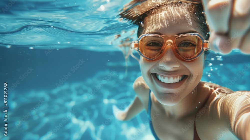 Naklejka premium Underwater portrait of happy female in swimming pool.