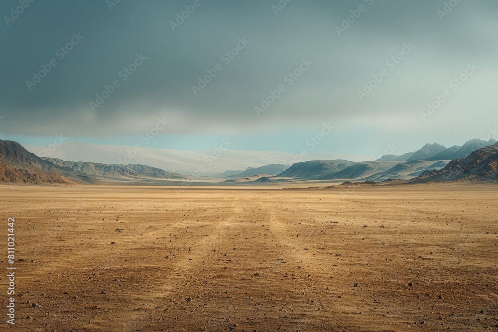 Expansive view of arid desert plains stretching into the horizon, flanked by layered mountain ranges under a dramatic sky.