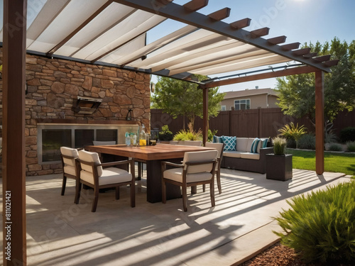 Outdoor Oasis, Modern Patio Setup with Pergola Shade, Awning, Dining Area, and Grill © xKas