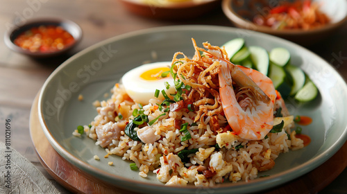 Indonesian Cuisine Delight: Nasi Goreng Fried Rice Served with Succulent Shrimp