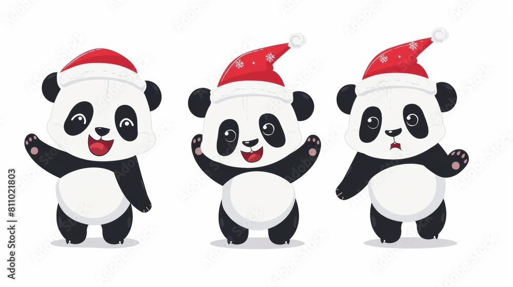 Fototapeta premium Vector illustration cartoon of a cute panda with red Christmas cap over white background.