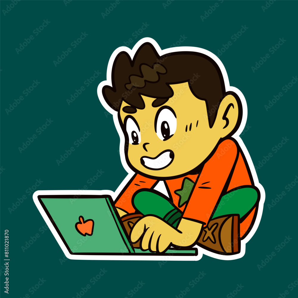 Boy Using Laptop Doodle Sticker Illustration Boy Using Laptop Doodle Sticker Illustration