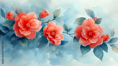This watercolor illustration of my camellias depicts an underwater element in hand drawn style. Modern marine element made of artistic moderns. Illustration suitable for greeting cards  printing and