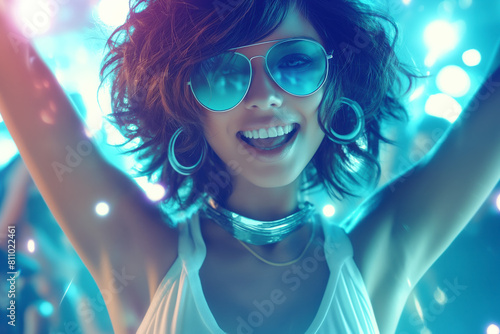 Excited young woman wearing sunglasses enjoying a lively music party, exemplifying modern nightlife and youthful celebration