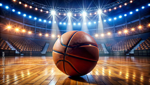 Close up of a basketball ball in the center of the stadium