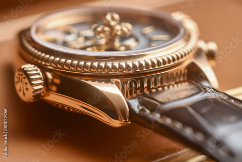 watch on the table, The crown, adorned with the brand's insignia or a decorative motif, is a subtle yet striking accent that adds to the watch's allure