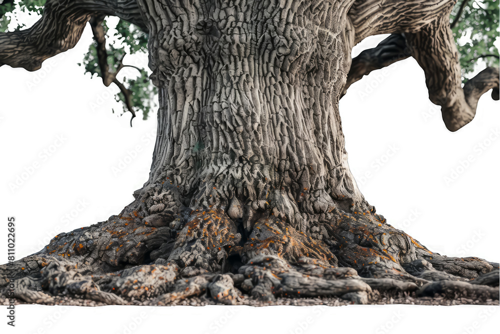 A large tree trunk with a lot of bark and roots on a transparent background.