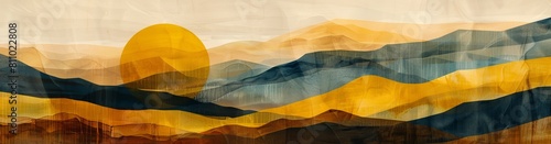Tranquil foothills in saffron, mustard, gold, and chocolate brown, minimalist composition with negative space, following rule of thirds for serene harmony. photo