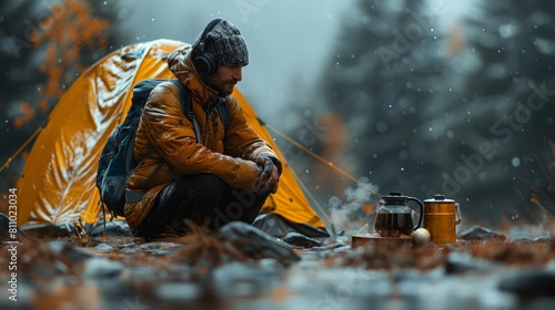 A rugged man is camping outdoors in a wintery setting 