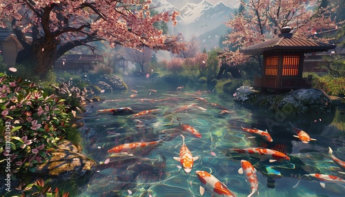 Tranquil Japanese garden in full blossom, featuring vibrant cherry blossoms above a harmoniously designed koi pond, ideal for a calming wallpaper or a peaceful meditation space bac photo
