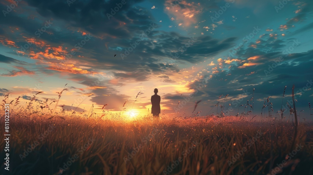 On World Environment Day envision the striking silhouette of a solitary figure standing amidst a meadow at sunset offering reverence to the divine against the backdrop of a picturesque autum On World Environment Day envision the striking silhouette of a solitary figure standing amidst a meadow at sunset offering reverence to the divine against the backdrop of a picturesque autum