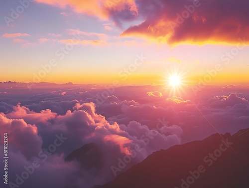 Blissful mountaintop view, capturing the opulent glow of a setting sun as it casts a kaleidoscope of colors across a cloudfilled sky, ideal for an inspirational wall art or a trave photo
