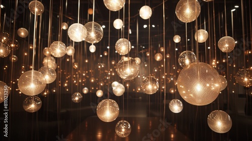 Dozens of lit spherical orbs hang at different heights creating a magical atmosphere in a dark interior space.