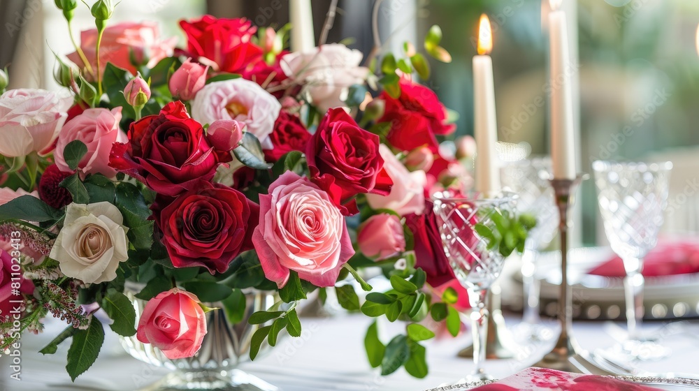 Prepare a romantic table arrangement for Valentine s Day adorned with beautiful roses Prepare a romantic table arrangement for Valentine s Day adorned with beautiful roses