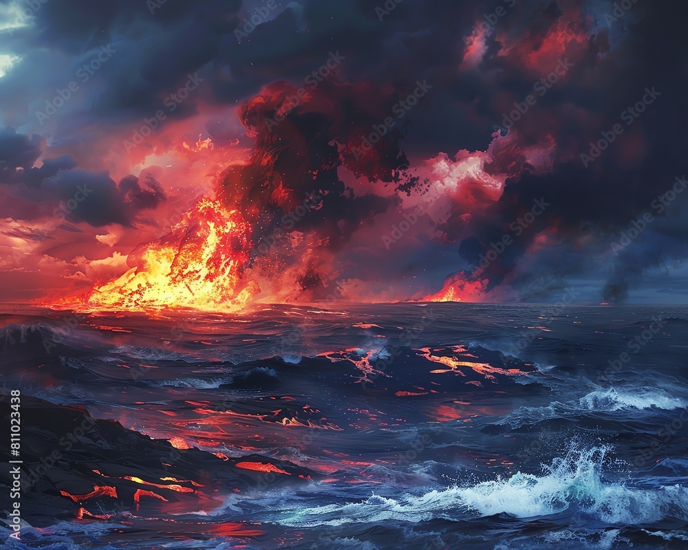 Elemental fire and water scene, depicting a vibrant and harmonious interaction of lava meeting ocean, perfect for a dynamic and powerful game environment or dramatic artwork.