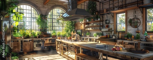 EcoFriendly Feasts cooking show set, designed with a fully sustainable kitchen, where chefs prepare seasonal and local ingredients to create gastronomic delights, ideal for a cooki photo