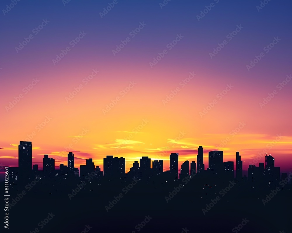 Silhouette of a city skyline at sunset, where the buildings form a sharp horizon against a spectrum of twilight hues, complemented by the distant symphony of urban life, suitable f