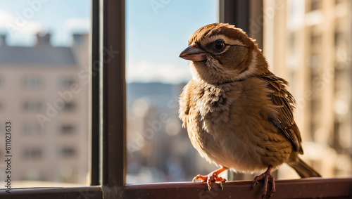 A small brown sparrow is perched on a window sill looking out at the view. photo