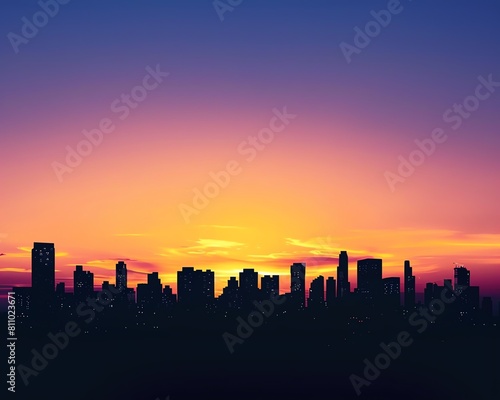 Silhouette of a city skyline at sunset, where the buildings form a sharp horizon against a spectrum of twilight hues, complemented by the distant symphony of urban life, suitable f