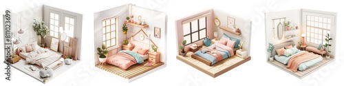 Pack of isometric cutaway of a minimal bedroom French country style style interior design of modern bedroom with mint color wall. Soft tone. photo