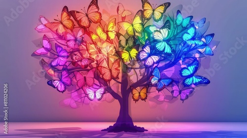 colorful butterflies tree background illustration colorful neon background  © Aqsa