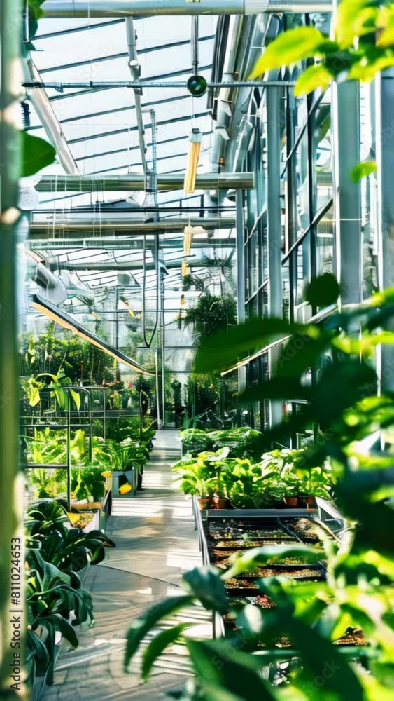 Inside of a large greenhouse with fresh green natural plants