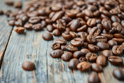 A close-up view of roasted coffee beans scattered on a rustic wooden table, super realistic