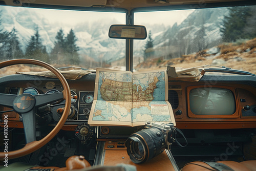 A father-daughter road trip with a map spread across the car's dashboard. Nearby, a camera and a guidebook suggest a day of exploration and discovery. photo