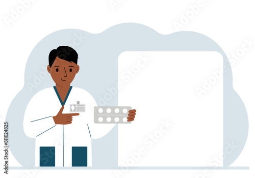 A male doctor holds pills in his hand. Large white sheet for text. Vector flat illustration