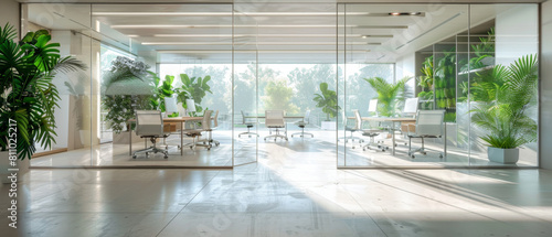 Modern workspace with glass partitions  minimalist furniture  and green plants.