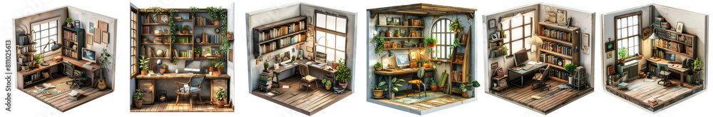 Pack of 3d rendering little home office realistic without background png