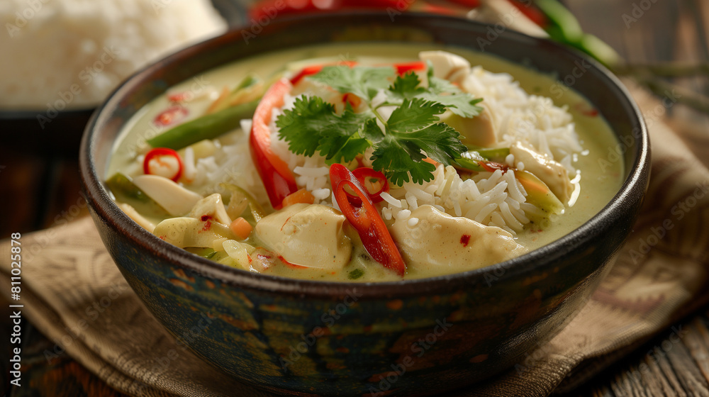 Thai Gastronomy: Delicious Green Curry in an Artisanal Ceramic Serving Bowl