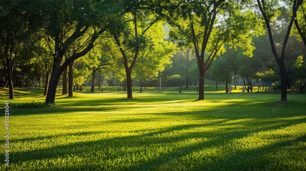 An early morning in a summer park, where the light of the rising sun filters through a canopy of lush trees, casting dappled shadows on the path.