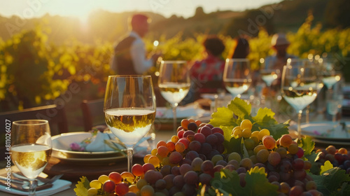 Elegant wine tasting in a vineyard, sampling various vintages in the afternoon sun.