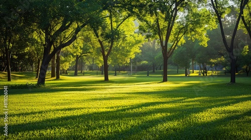 An early morning in a summer park, where the light of the rising sun filters through a canopy of lush trees, casting dappled shadows on the path.