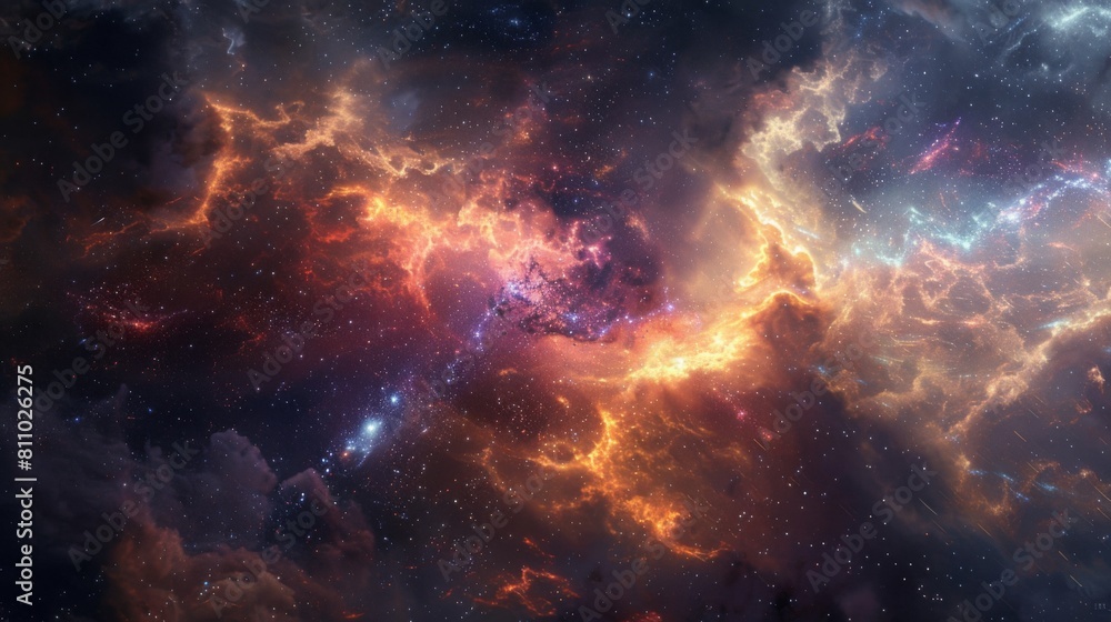 A vibrant space illuminated by stars and adorned with swirling clouds. A vibrant space illuminated by stars and adorned with swirling clouds.