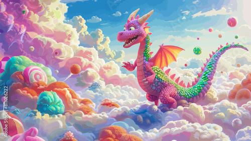 A giggling dragon in a candy land. Children book illustration or book cover template with beautiful scenery  