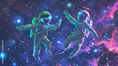 Two astronaut in space. Children book illustration or book cover template with beautiful scenery 
