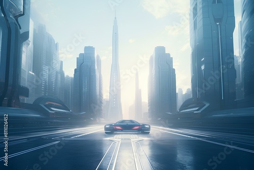 A sleek and futuristic sports car drives through a deserted city. photo