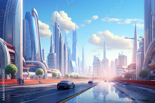 The city of the future with flying cars and glass skyscrapers