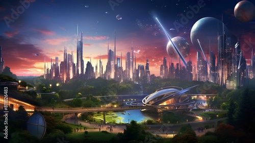 The city of the future with flying cars and buildings touching the skies. photo
