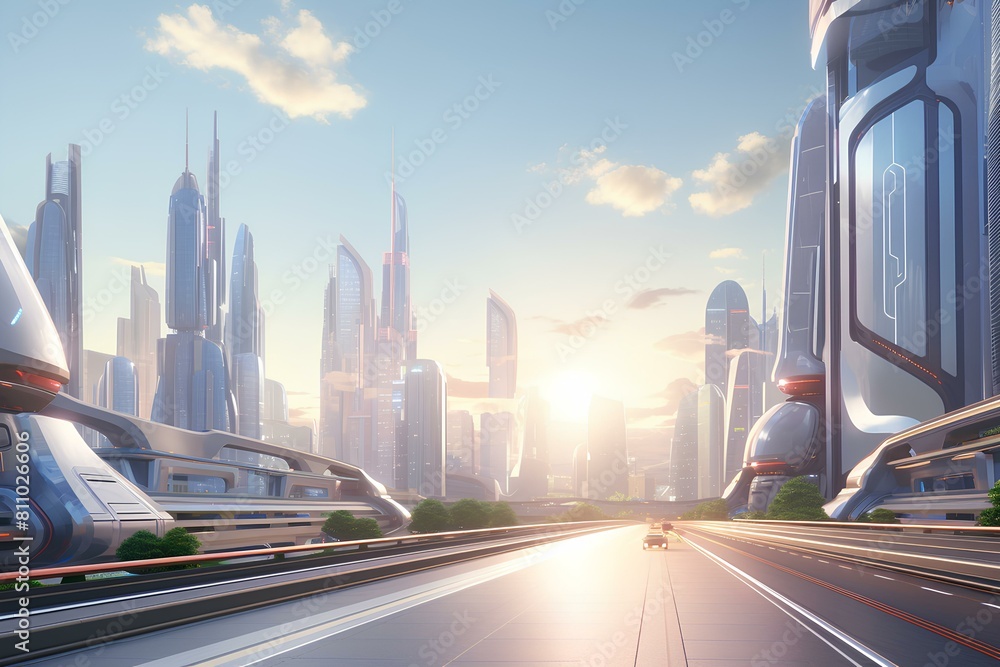 The image shows a futuristic city with tall buildings and a wide road in the center. The sky is blue with some clouds and the sun is shining brightly.