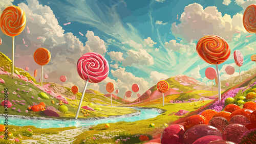 candy land landscape for children book illustration or book cover template with beautiful scenery 
