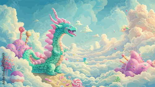 A giggling dragon in a candy land. Children book illustration or book cover template with beautiful scenery 
