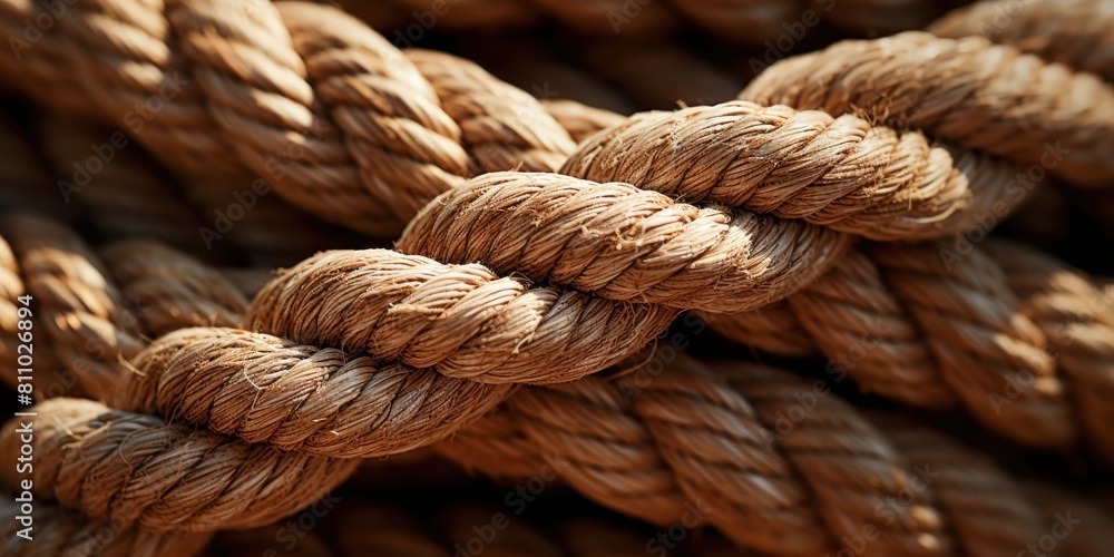 Close-Up View Of Thick Twisted Rope Texture In Natural Brown Color. Detail Of Strong Rope Knot. Generative AI Close-Up View Of Thick Twisted Rope Texture In Natural Brown Color. Detail Of Strong Rope Knot. Generative AI